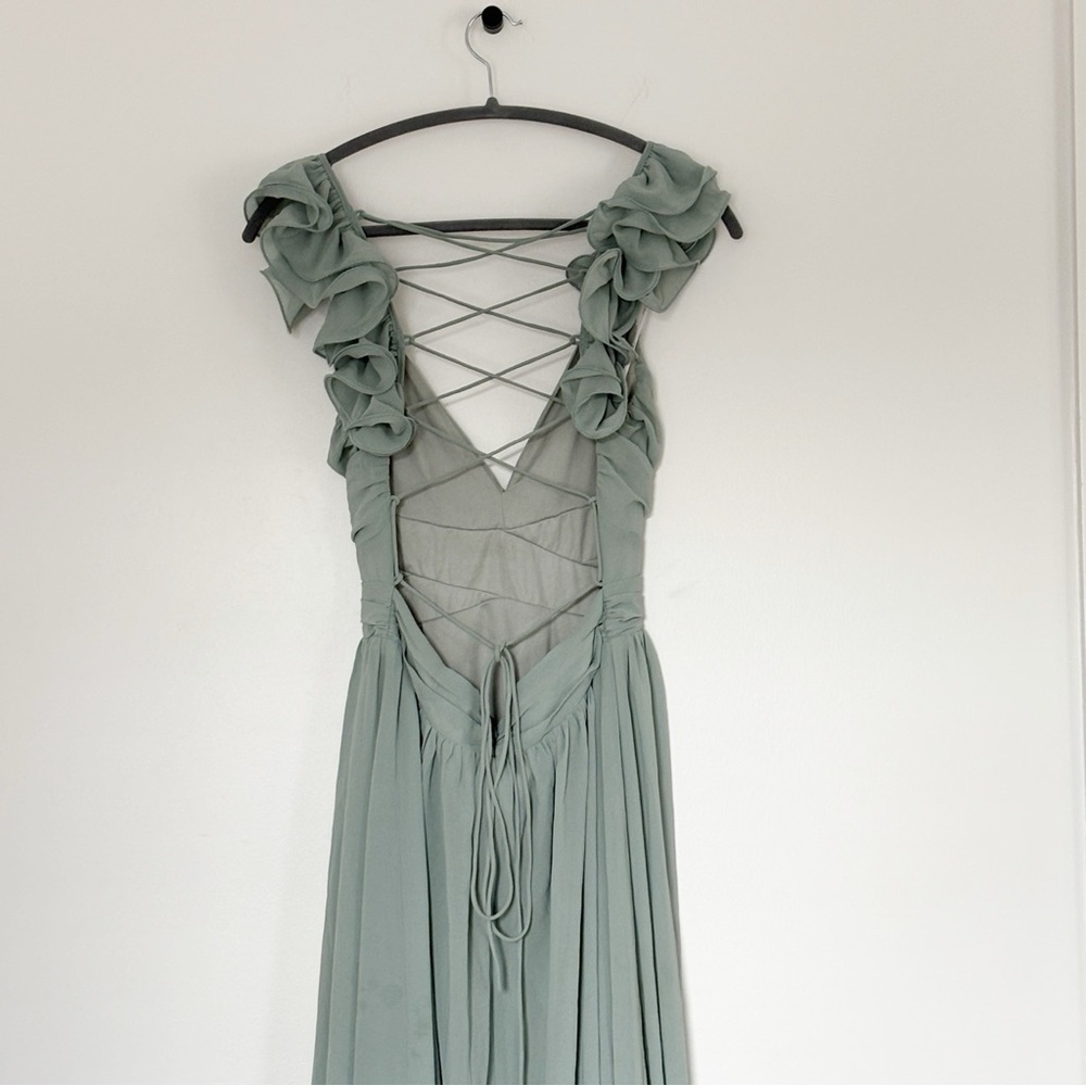 Lulus Soiree Celebration Light Blue Green Floral Ruffled Lace-Up Maxi prom Dress - Picture 9 of 12